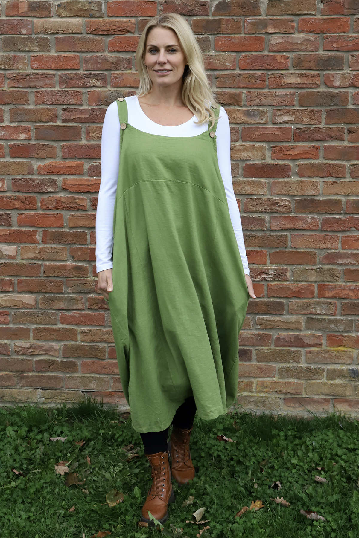 Adina Linen Pinafore Dress Olive