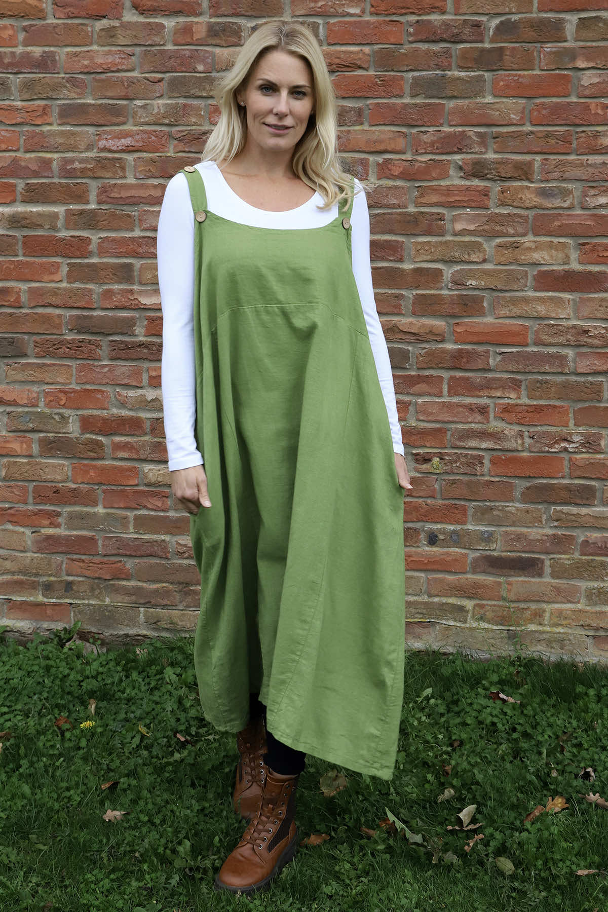 Adina Linen Pinafore Dress Olive