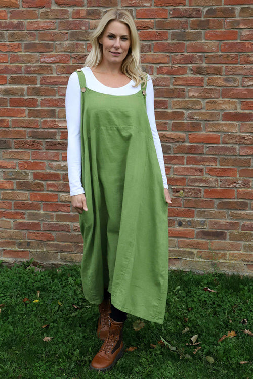 Adina Linen Pinafore Dress Olive