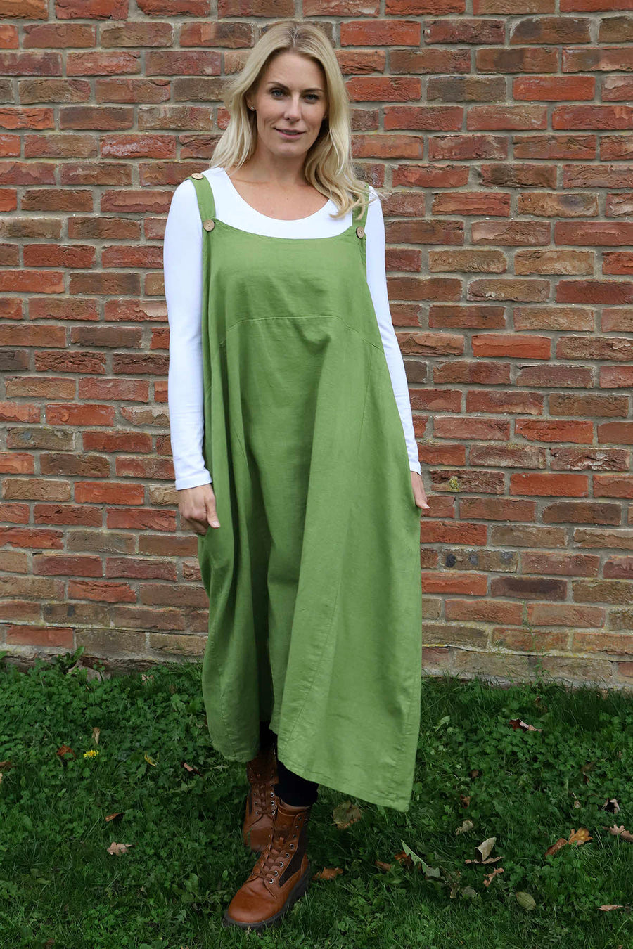 Adina Linen Pinafore Dress Olive