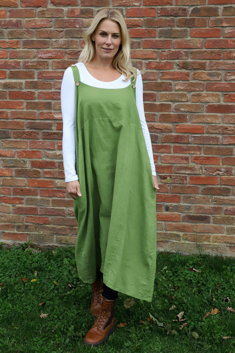 Adina Linen Pinafore Dress Olive