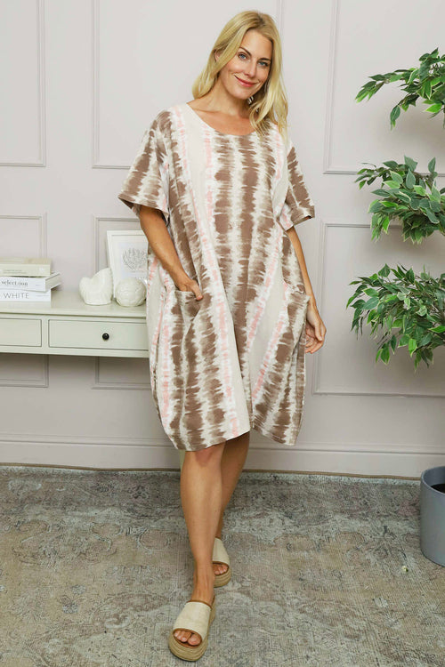Milana Pattern Linen Dress Stone - Image 1