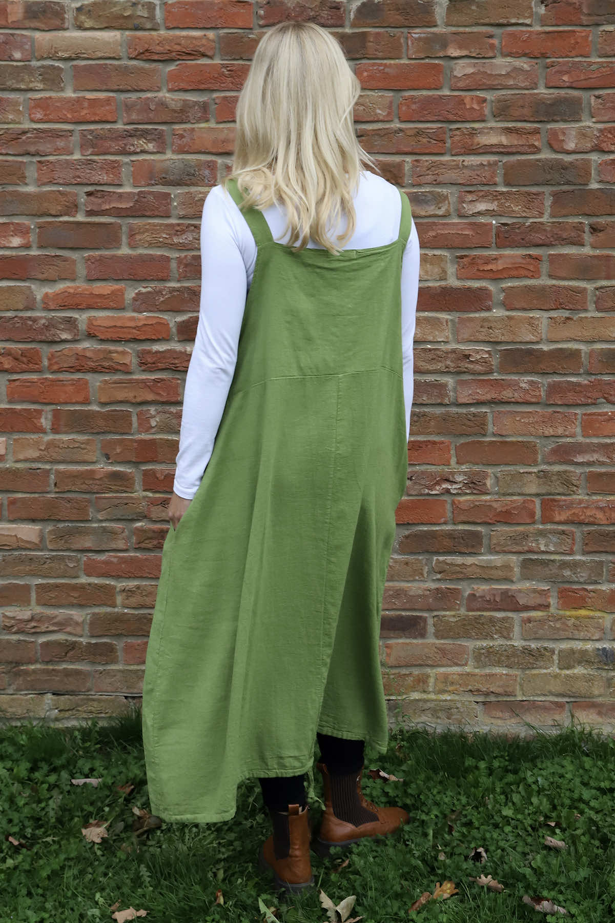 Adina Linen Pinafore Dress Olive