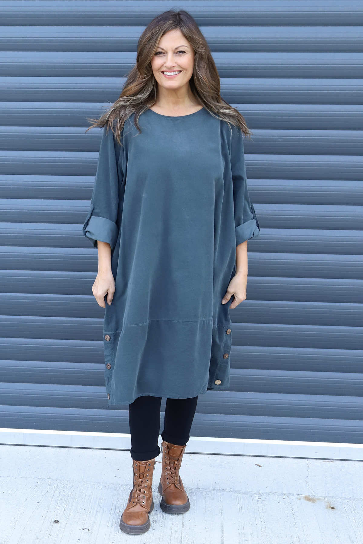 Deborah Needlecord Dress Charcoal