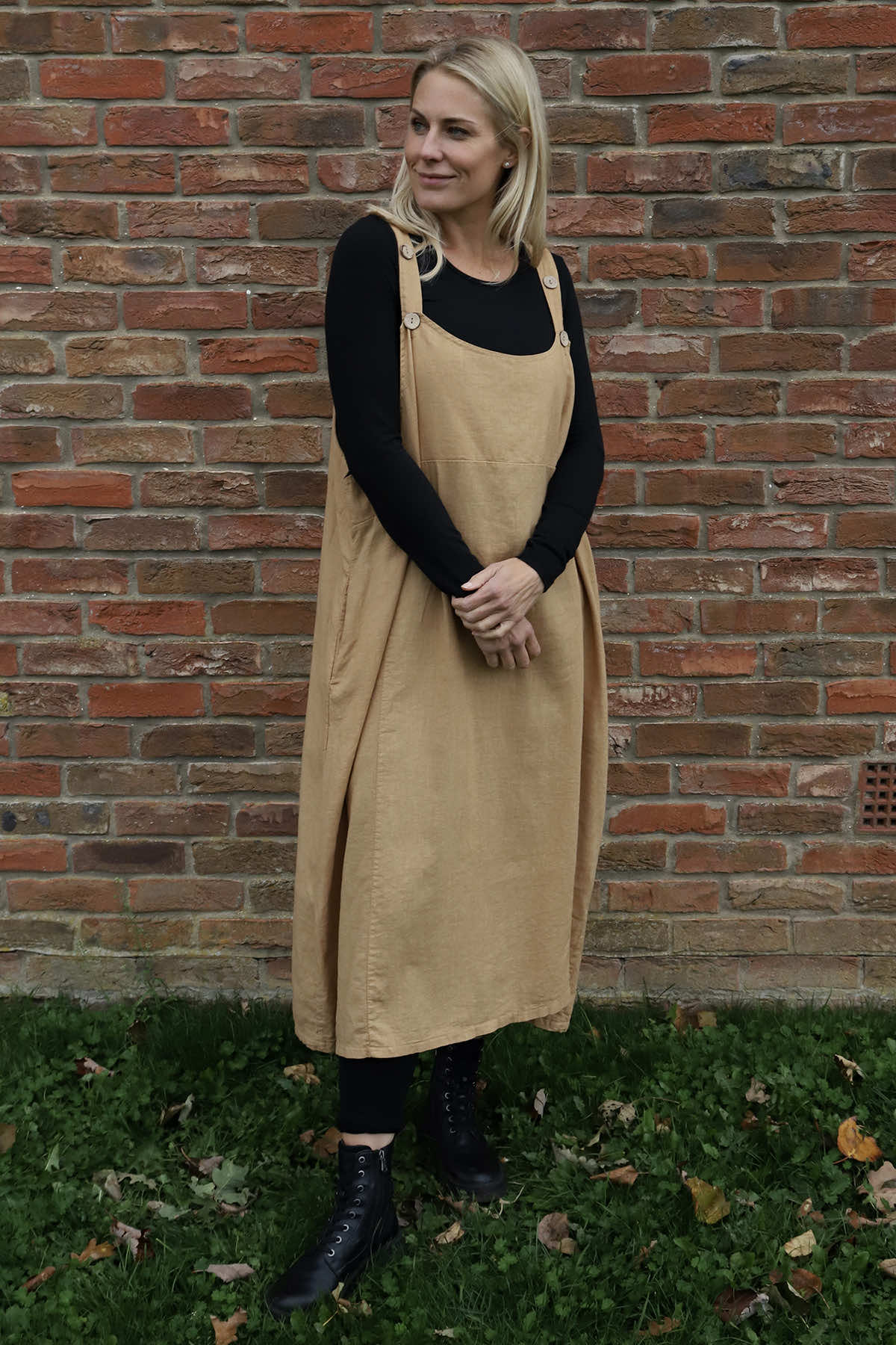 Adina Linen Pinafore Dress Camel