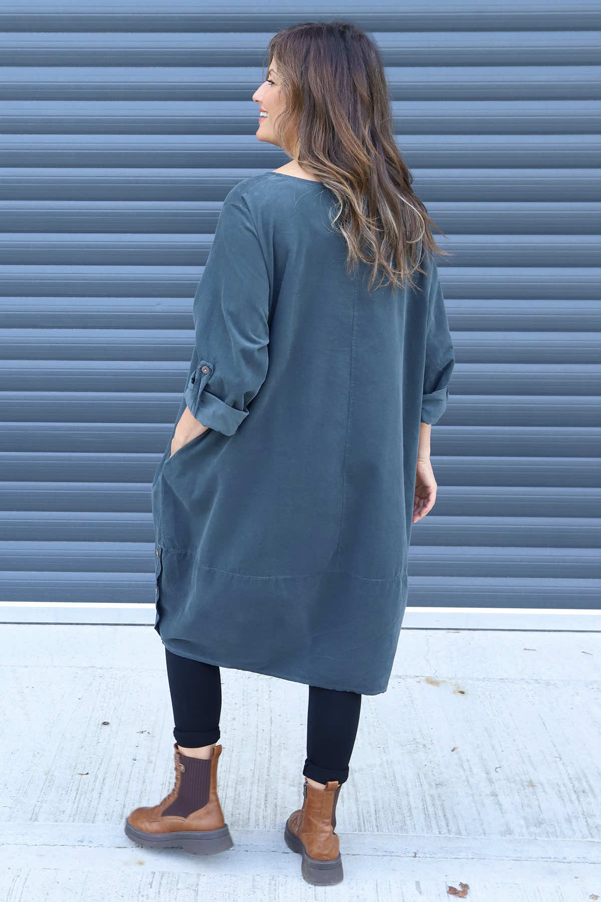 Deborah Needlecord Dress Charcoal