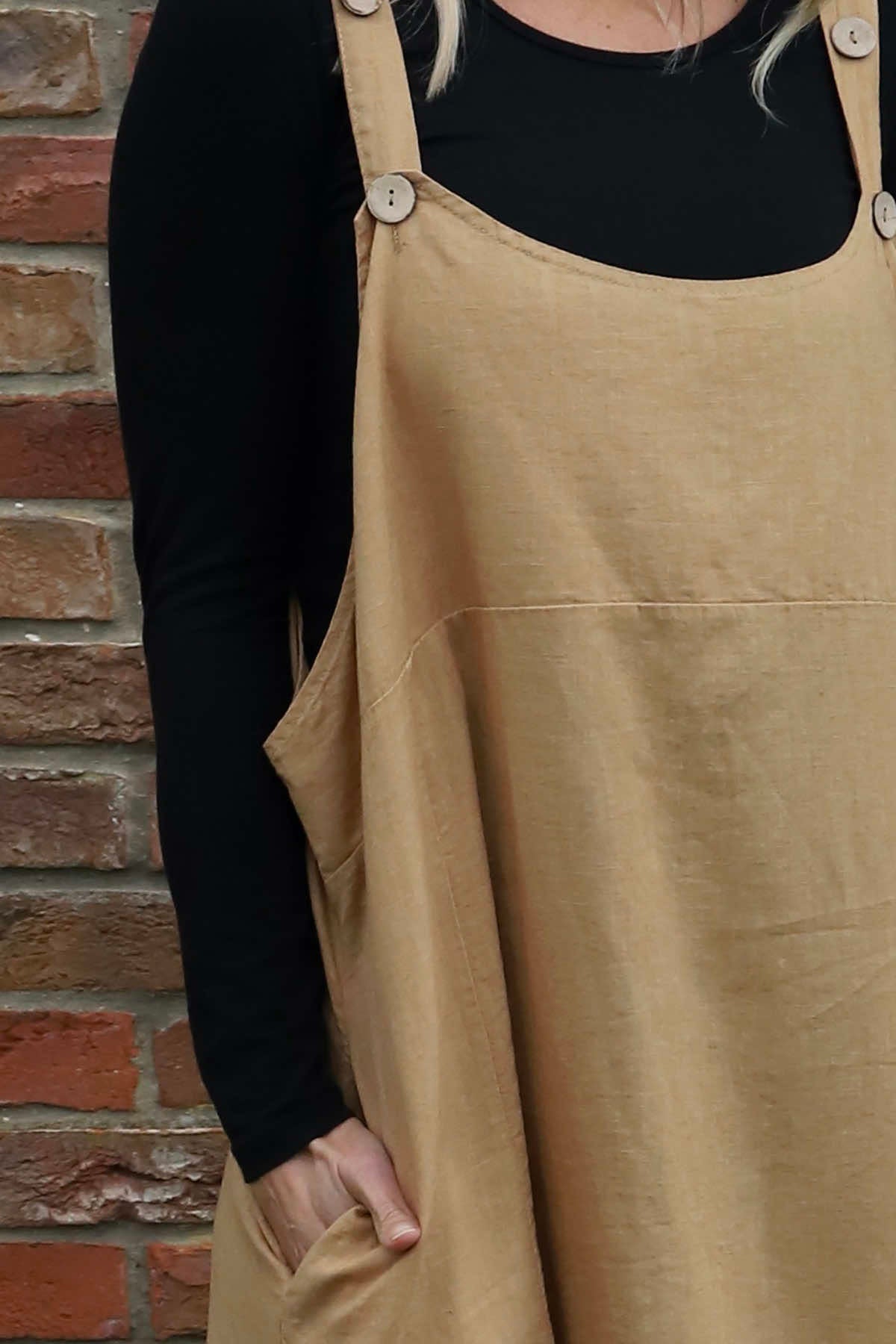 Adina Linen Pinafore Dress Camel