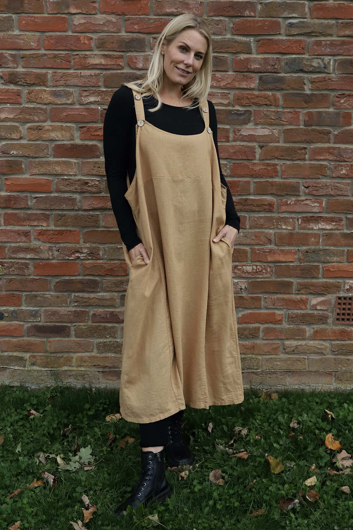 Adina Linen Pinafore Dress Camel