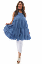 Araminta Tiered Sleeveless Cotton Dress Denim Blue Denim Blue - Araminta Tiered Sleeveless Cotton Dress Denim Blue