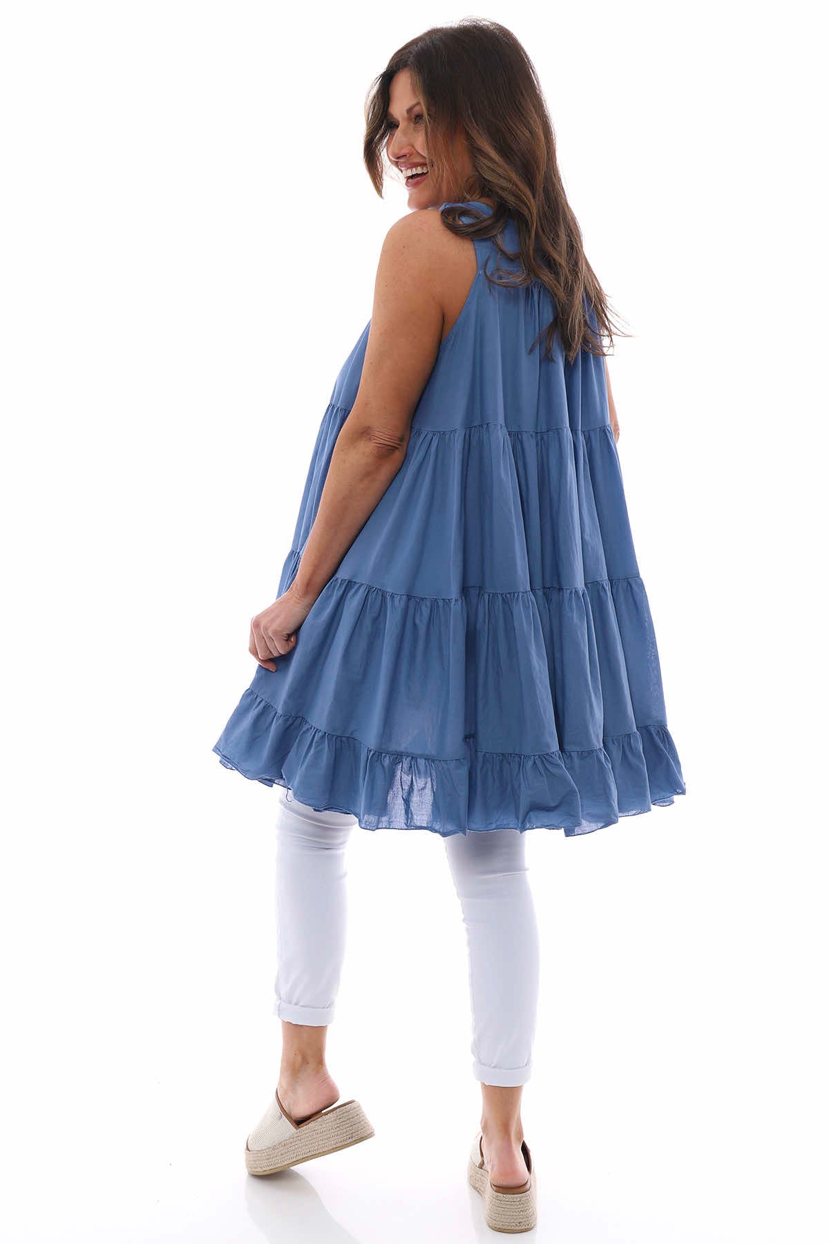 Araminta Tiered Sleeveless Cotton Dress Denim Blue