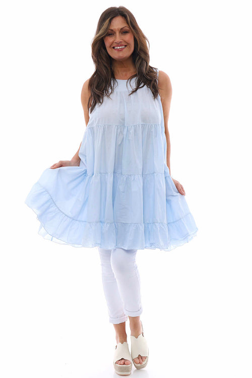 Araminta Tiered Sleeveless Cotton Dress Light Blue