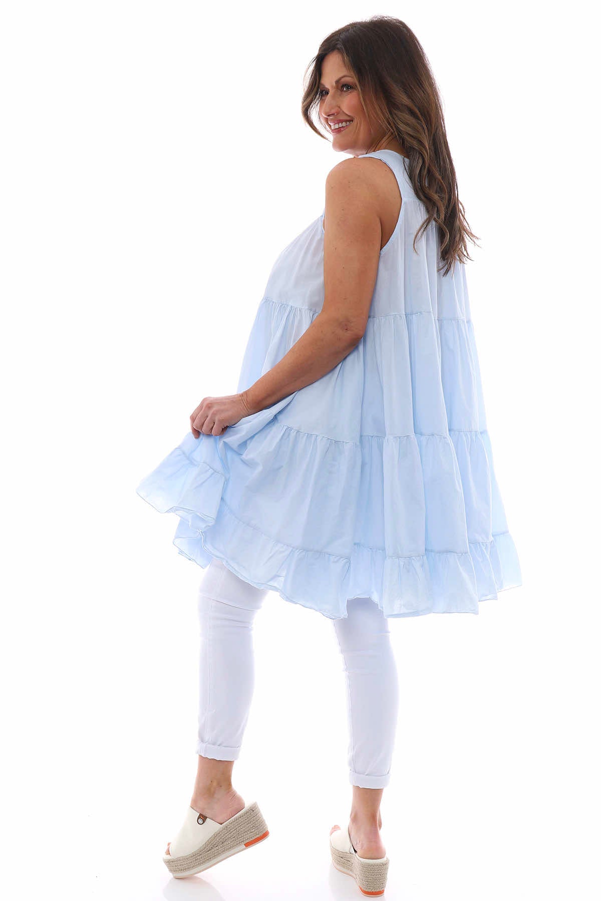 Araminta Tiered Sleeveless Cotton Dress Light Blue