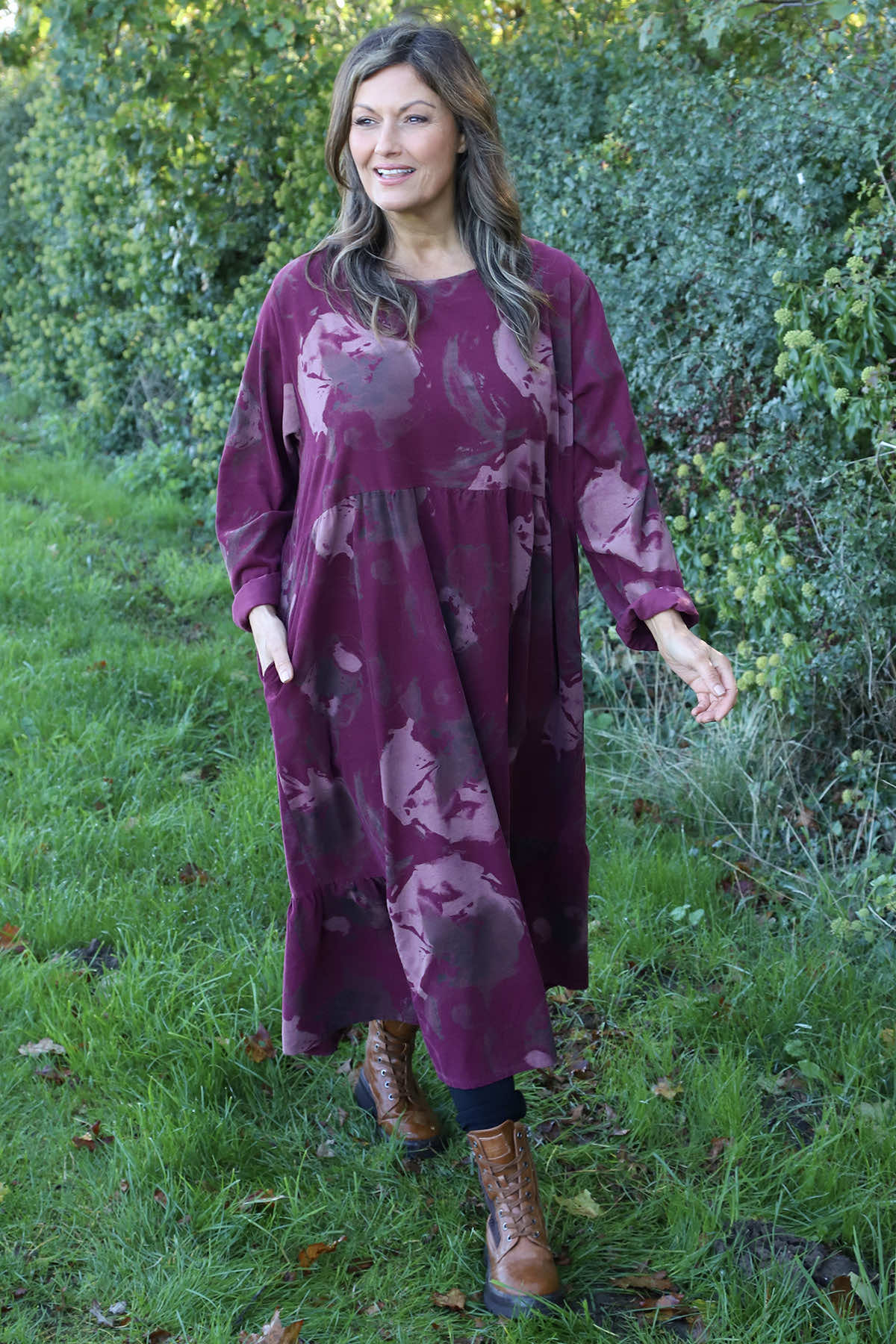 Sheena Print Needlecord Dress Wine