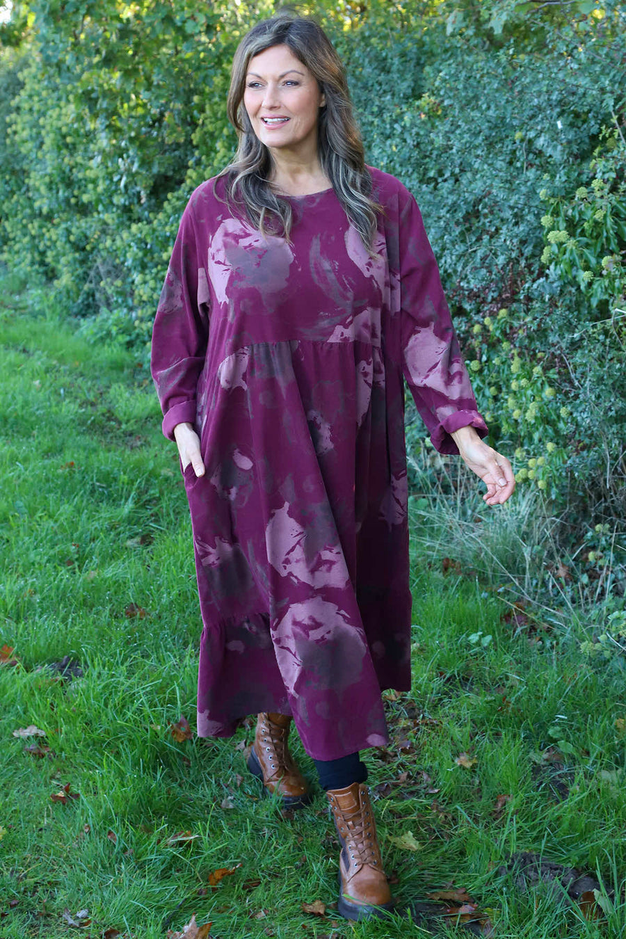 Sheena Print Needlecord Dress Wine