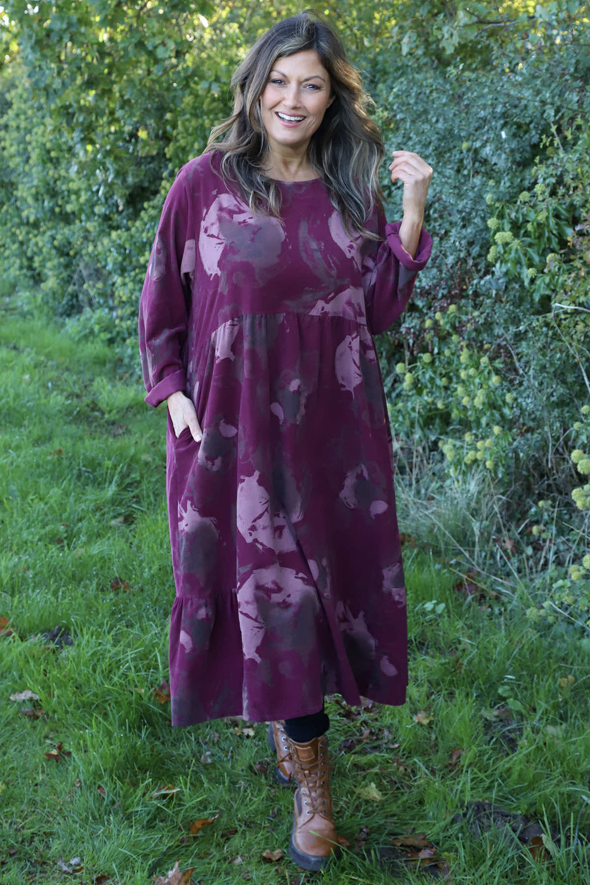 Sheena Print Needlecord Dress Wine