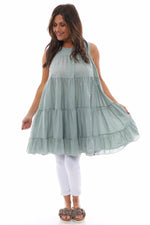 Araminta Tiered Sleeveless Cotton Dress Pistachio Pistachio - Araminta Tiered Sleeveless Cotton Dress Pistachio