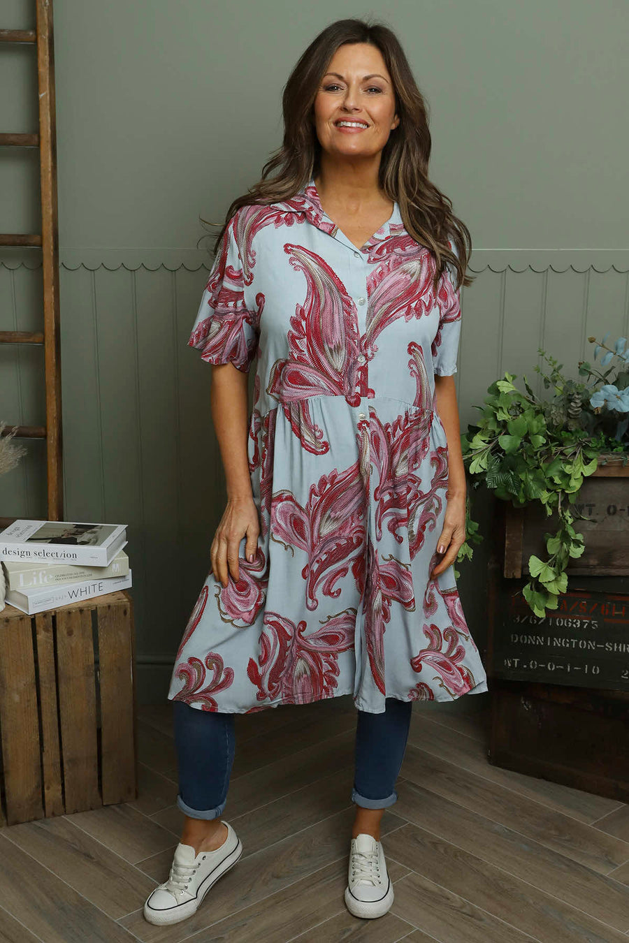 Jojo Print Button Dress Light Blue