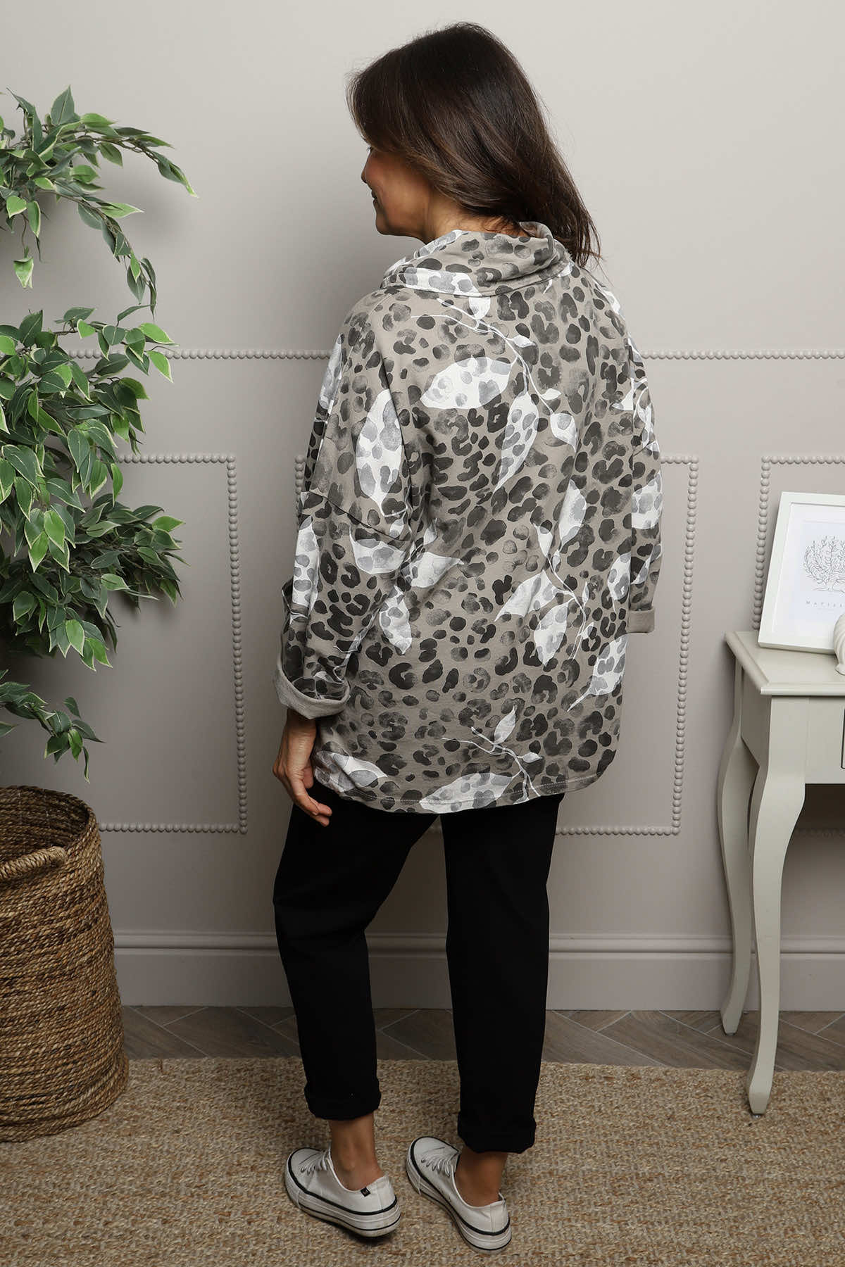 Beryl Print Cowl Neck Cotton Top Mocha