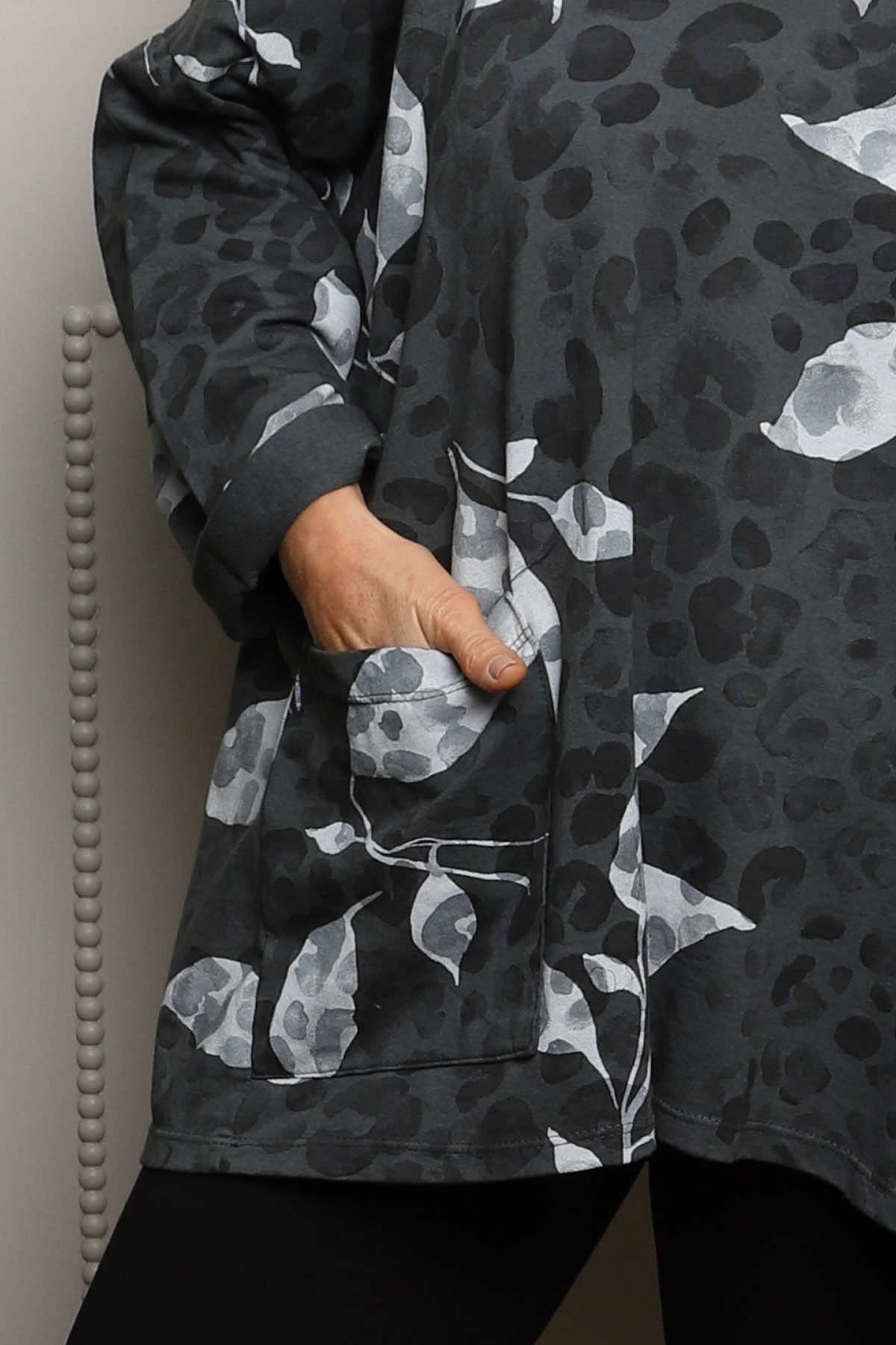 Beryl Print Cowl Neck Cotton Top Charcoal