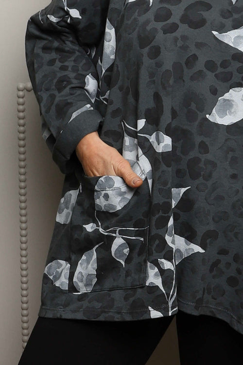 Beryl Print Cowl Neck Cotton Top Charcoal - Image 3