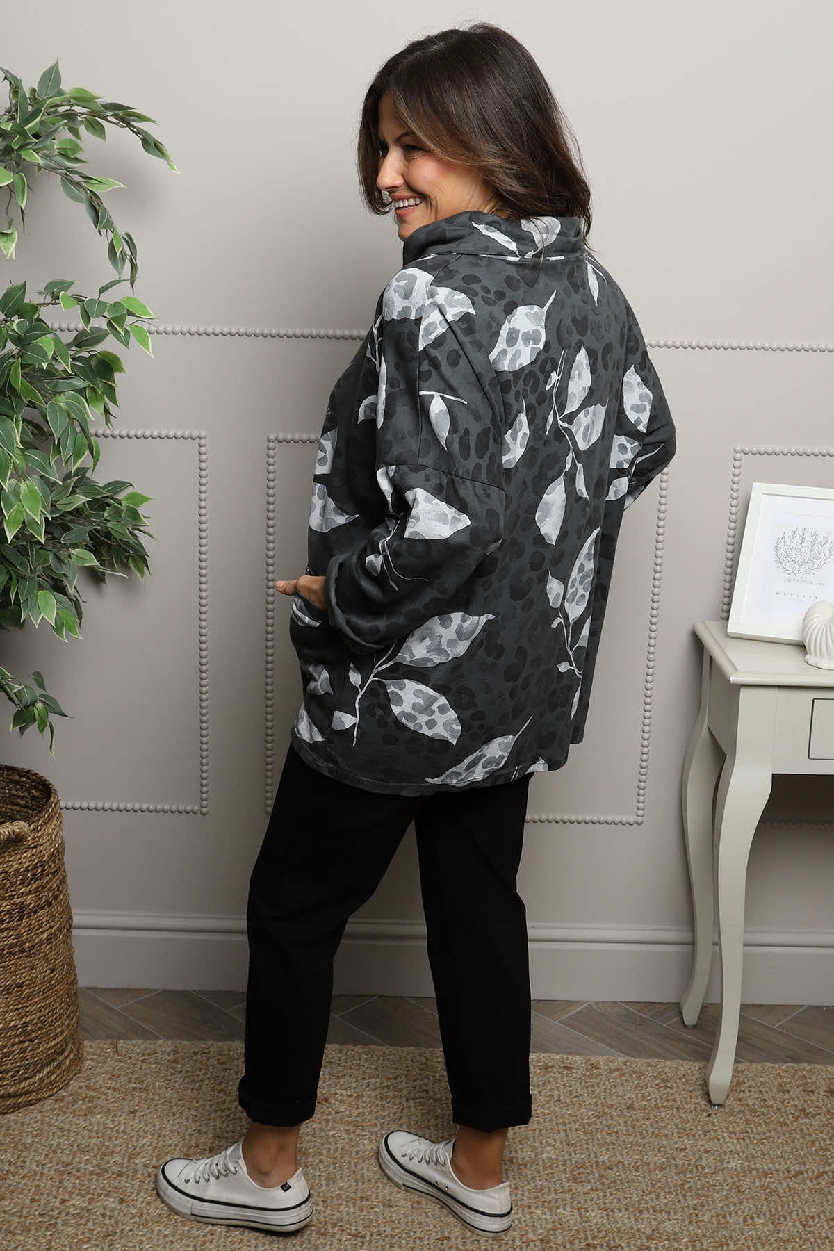 Beryl Print Cowl Neck Cotton Top Charcoal