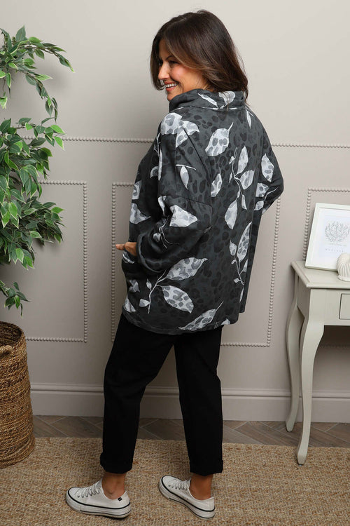 Beryl Print Cowl Neck Cotton Top Charcoal - Image 4