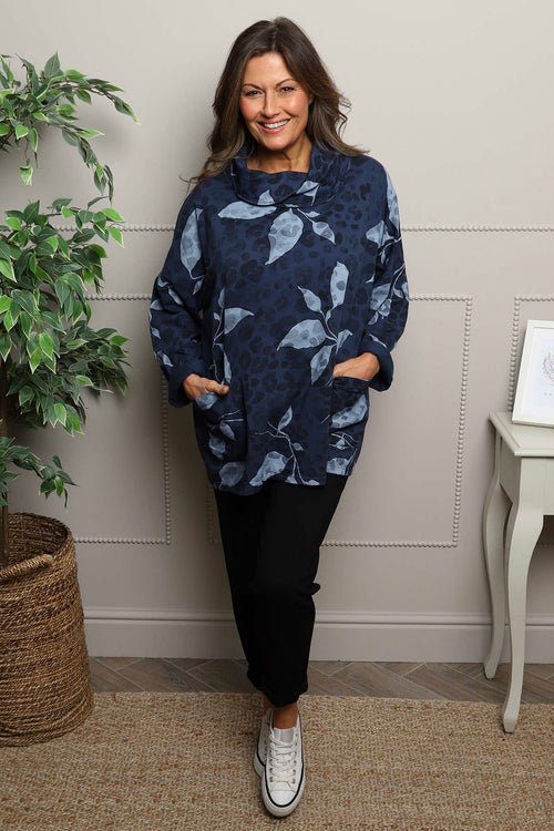 Beryl Print Cowl Neck Cotton Top Navy - Image 1