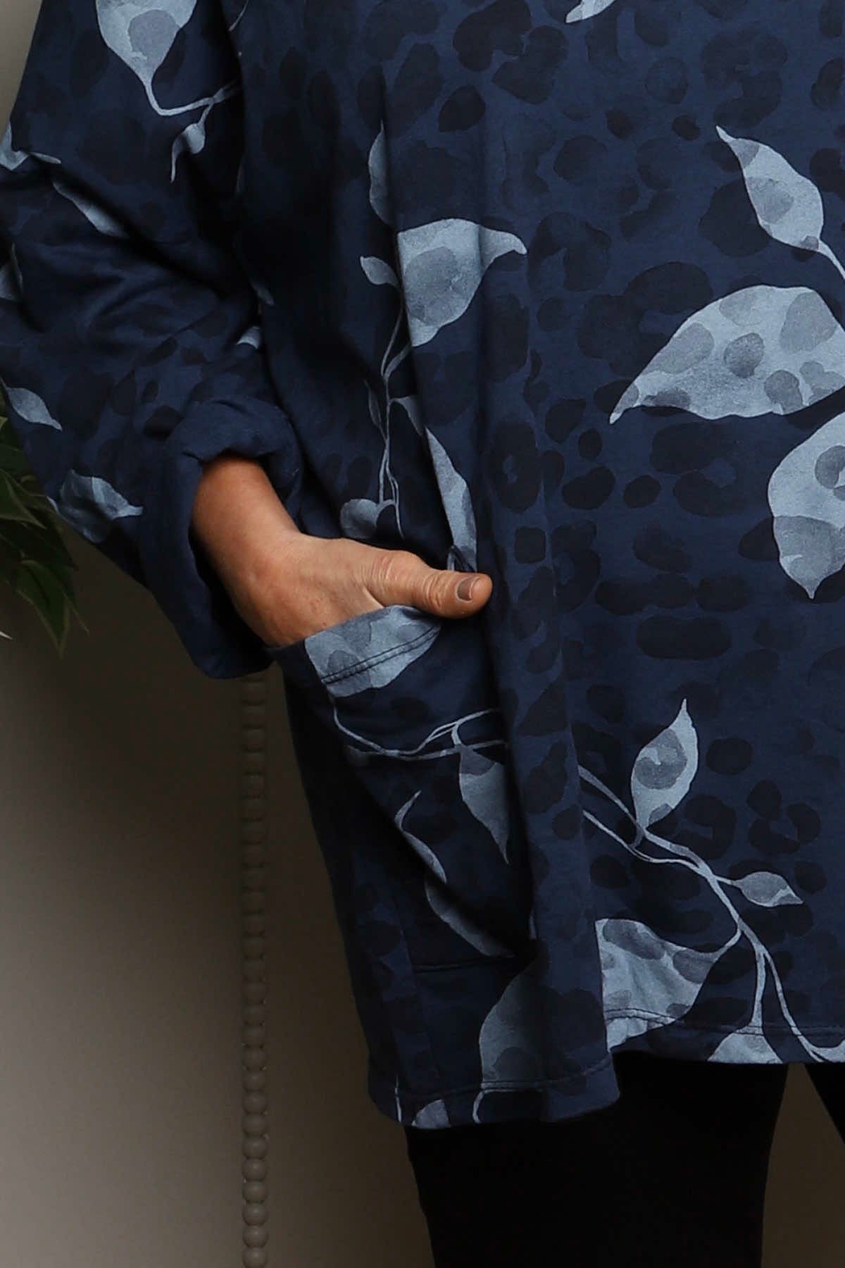 Beryl Print Cowl Neck Cotton Top Navy