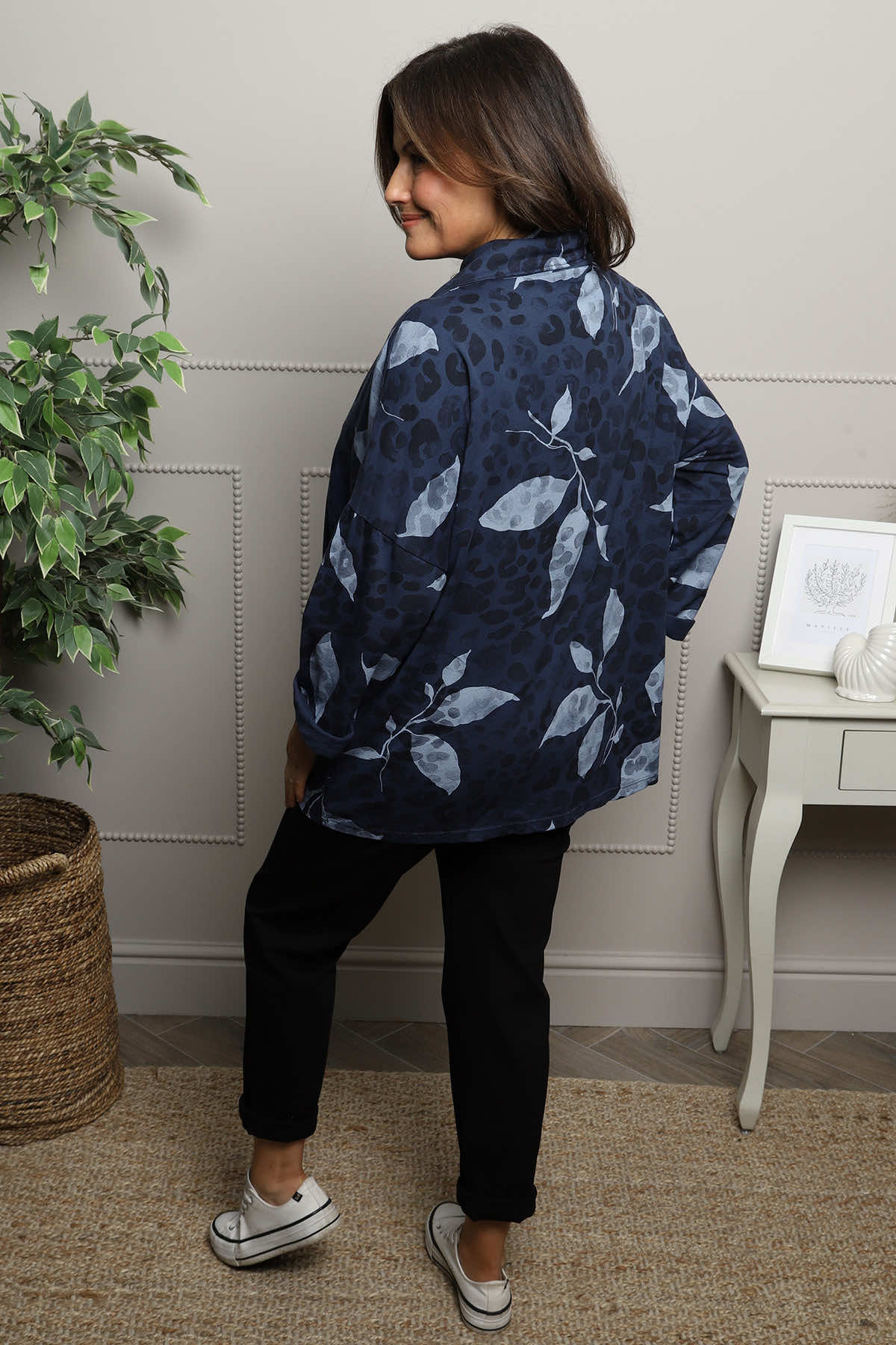 Beryl Print Cowl Neck Cotton Top Navy