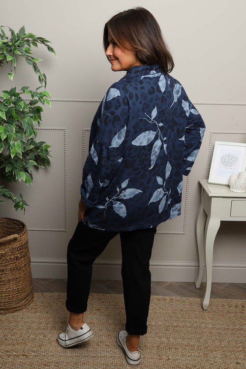 Beryl Print Cowl Neck Cotton Top Navy - Image 4