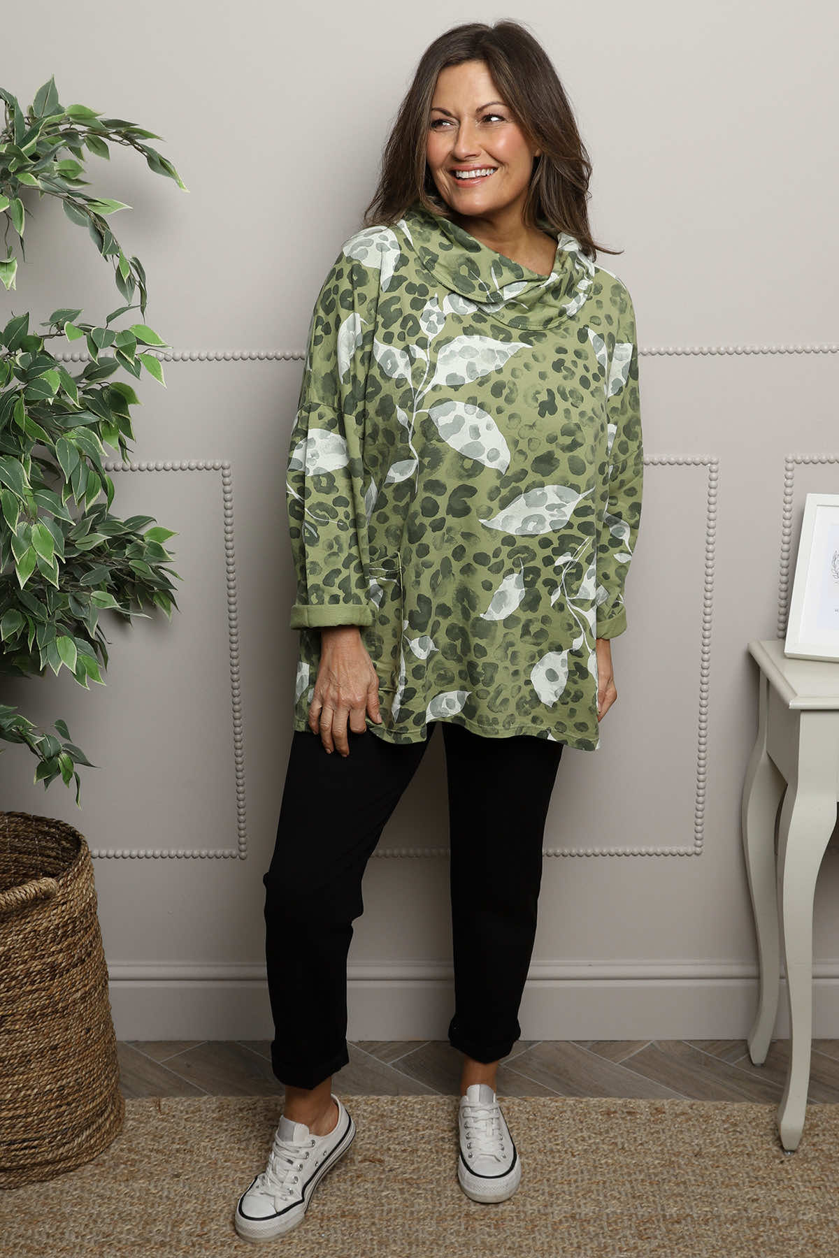 Beryl Print Cowl Neck Cotton Top Green