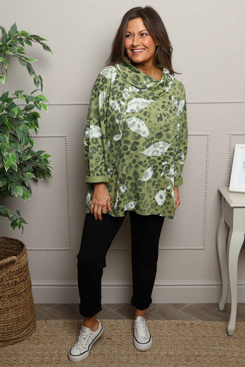 Beryl Print Cowl Neck Cotton Top Green - Image 1