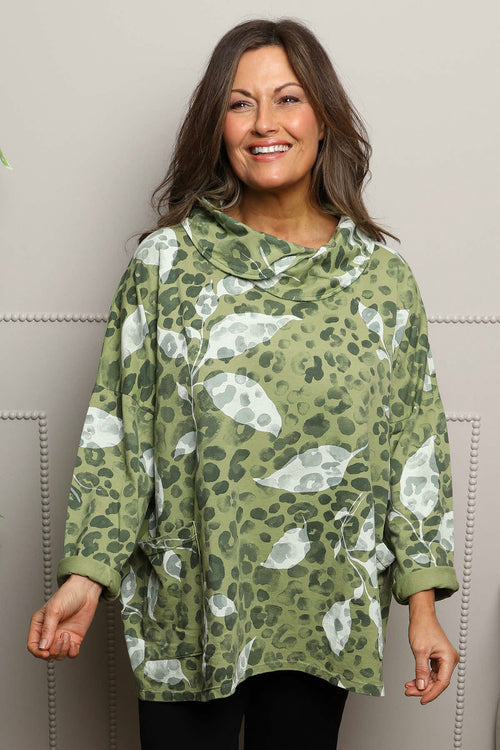 Beryl Print Cowl Neck Cotton Top Green - Image 2