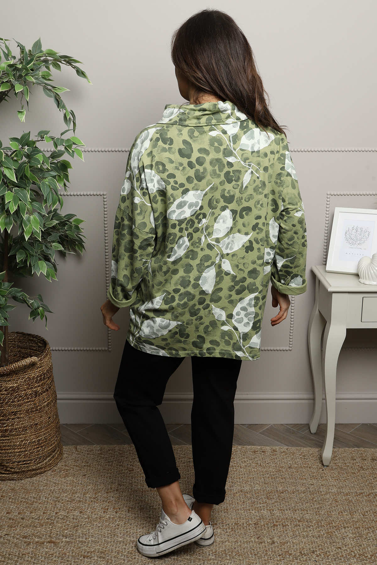 Beryl Print Cowl Neck Cotton Top Green