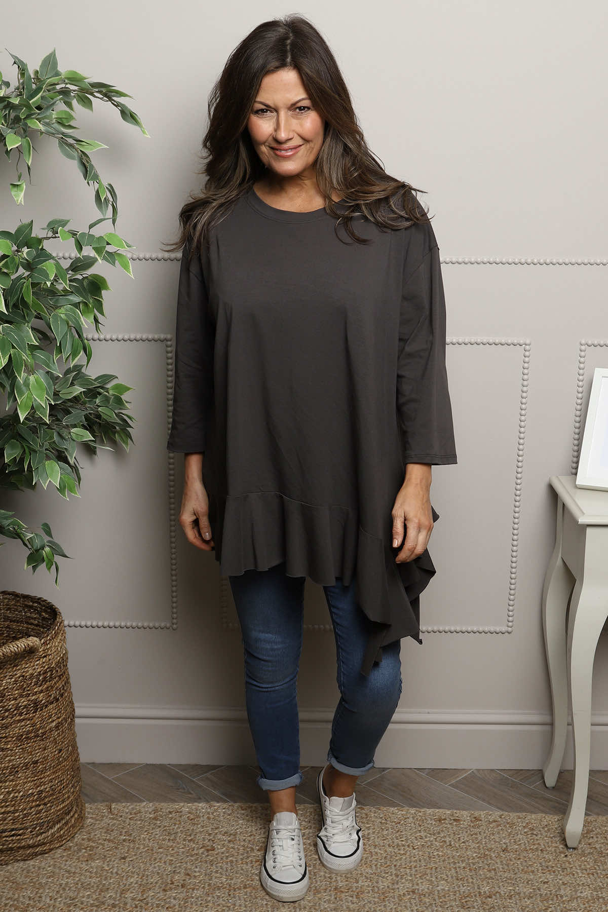 Carey Frill Cotton Top Charcoal