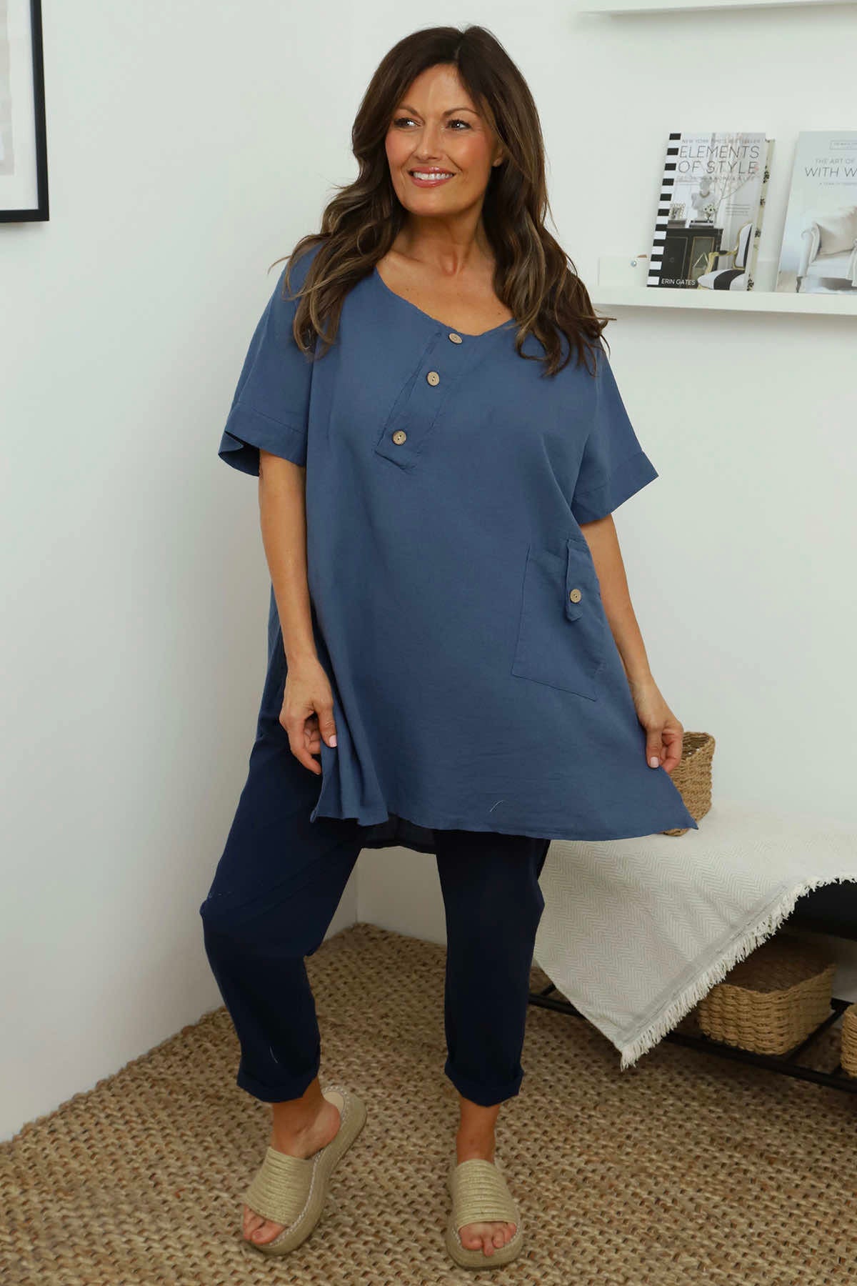 Bridget Button Linen Top Blue