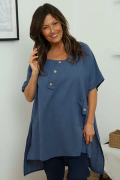 Bridget Button Linen Top Blue