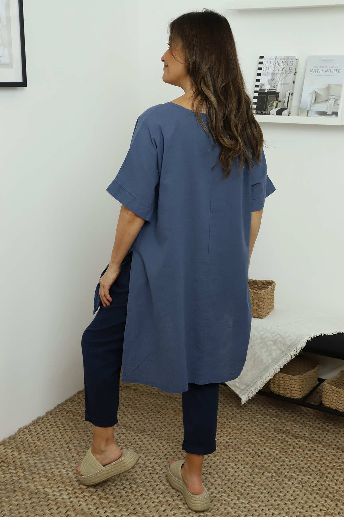 Bridget Button Linen Top Blue