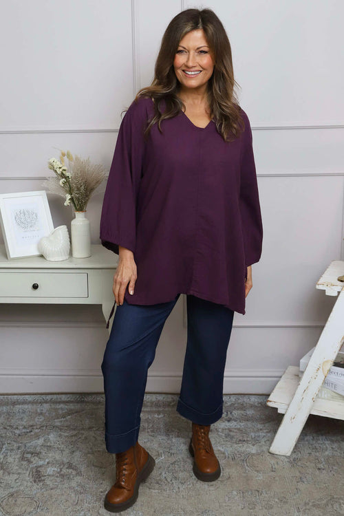 Nulvi V-Neck Linen Top Purple - Image 3
