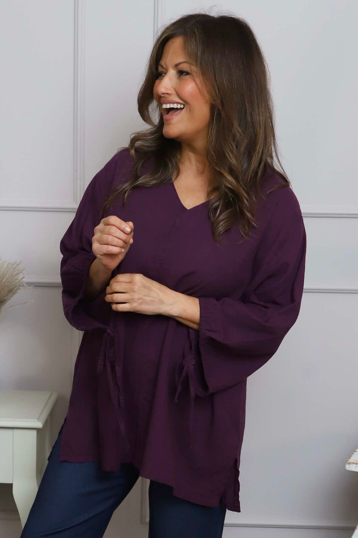 Nulvi V-Neck Linen Top Purple