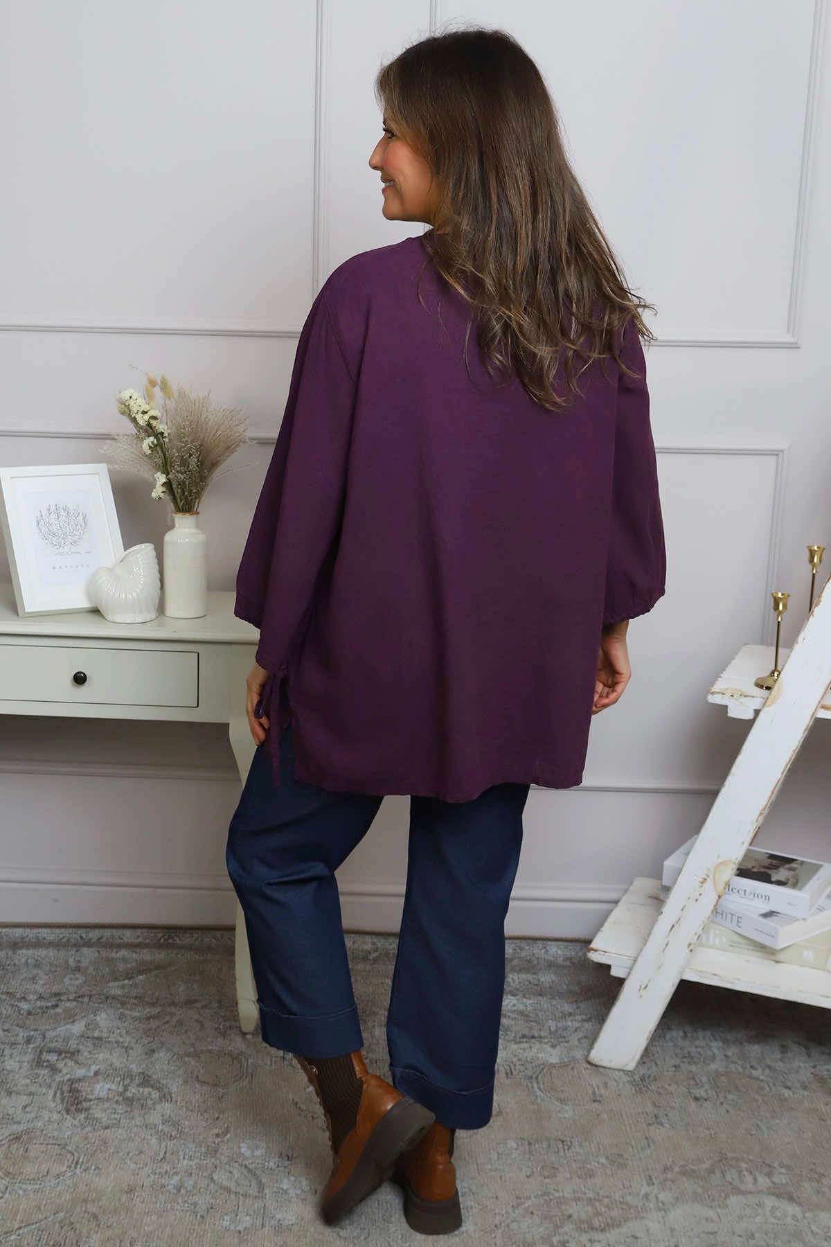Nulvi V-Neck Linen Top Purple