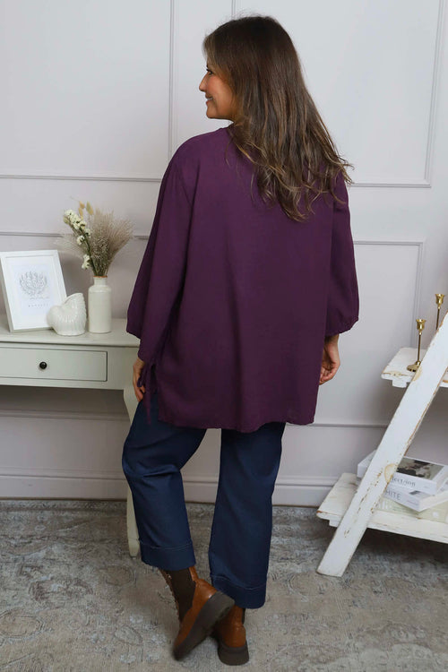 Nulvi V-Neck Linen Top Purple - Image 4