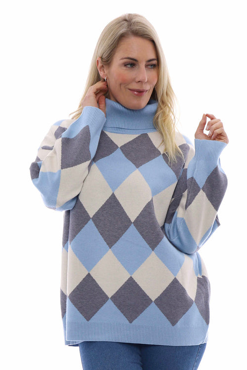 Kiko Argyle Pattern Polo Knitted Jumper Blue - Image 1