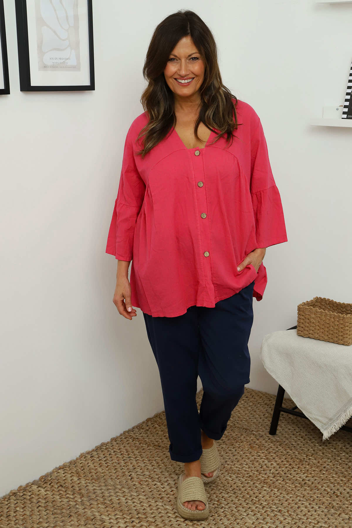 Alexa Button Linen Top Fuchsia