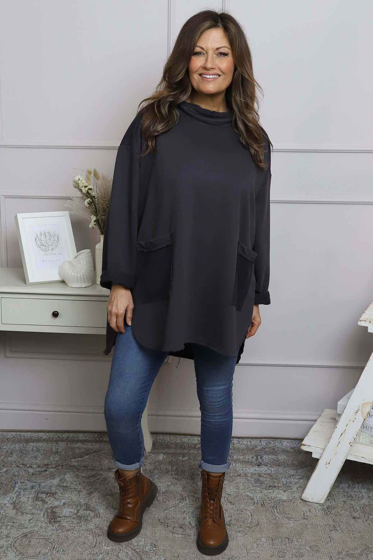 Katherine Cowl Pocket Top Charcoal
