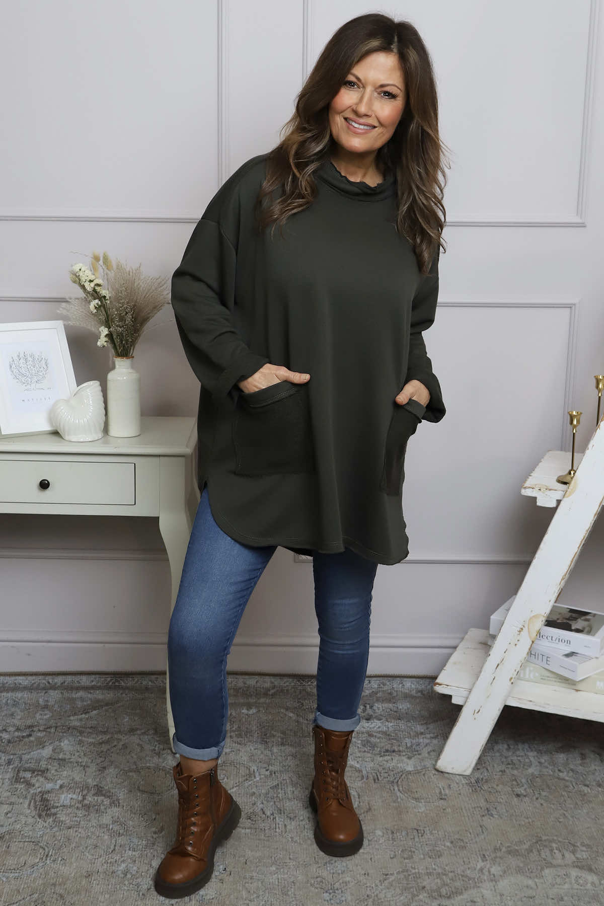 Katherine Cowl Pocket Top Khaki