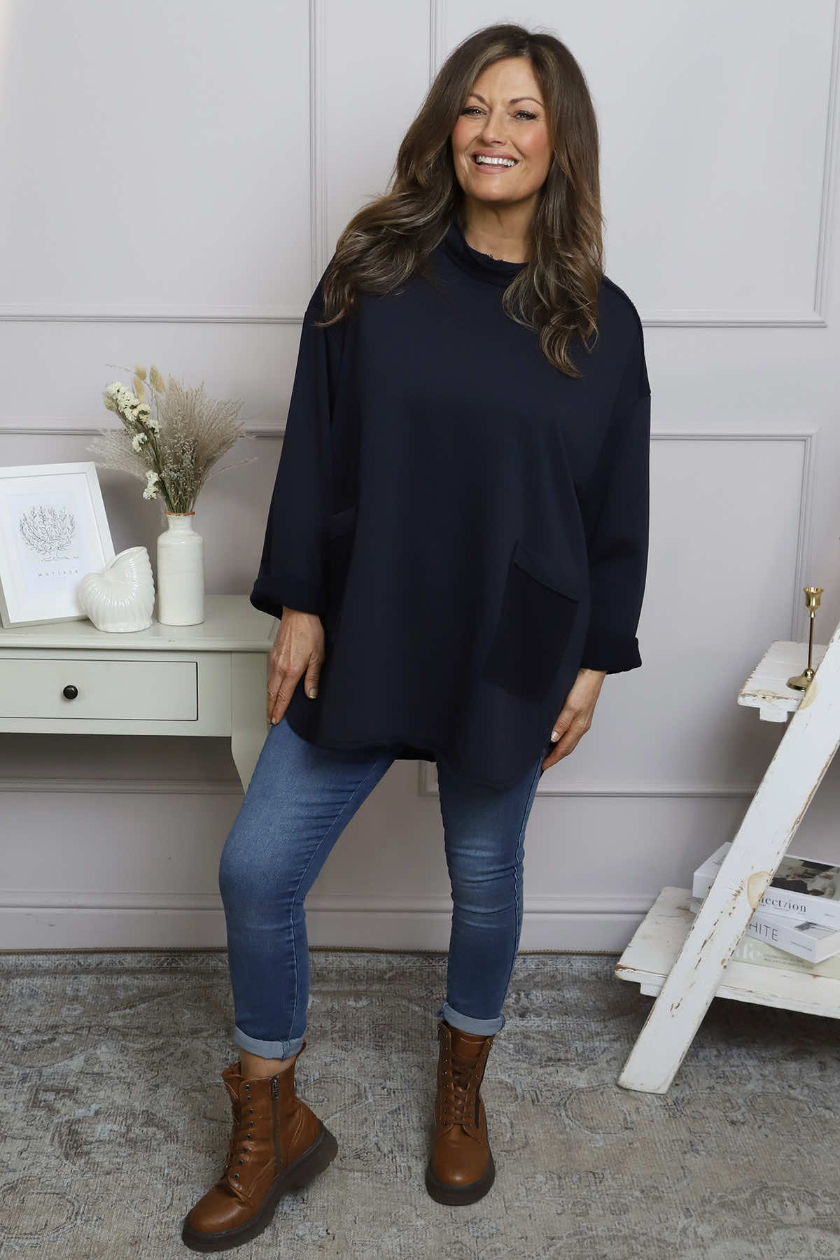 Katherine Cowl Pocket Top Navy