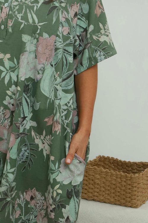 Mavis Floral Linen Dress Khaki - Image 3