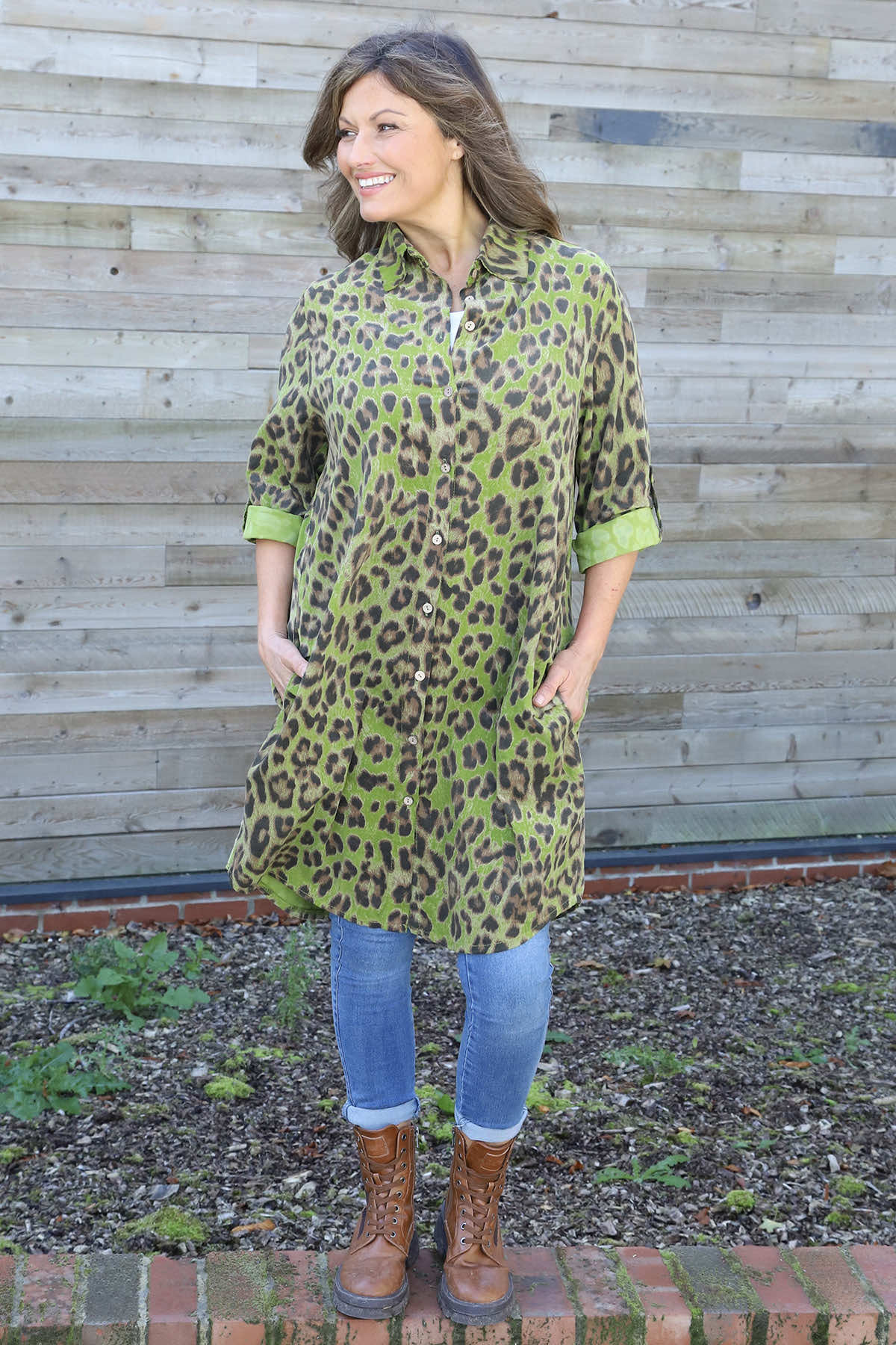 Shirley Leopard Print Needlecord Shirt Olive