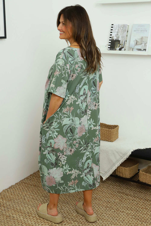 Mavis Floral Linen Dress Khaki - Image 4